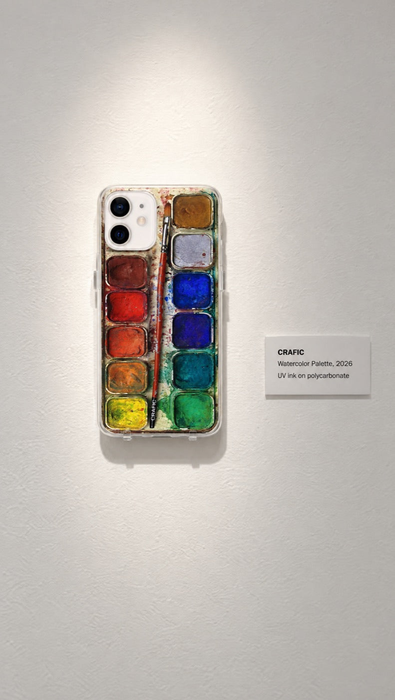 The case on a white gallery wall with its label