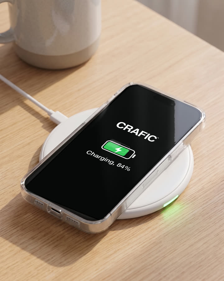 A phone in a CRAFIC case lying screen up on a wireless pad, charging