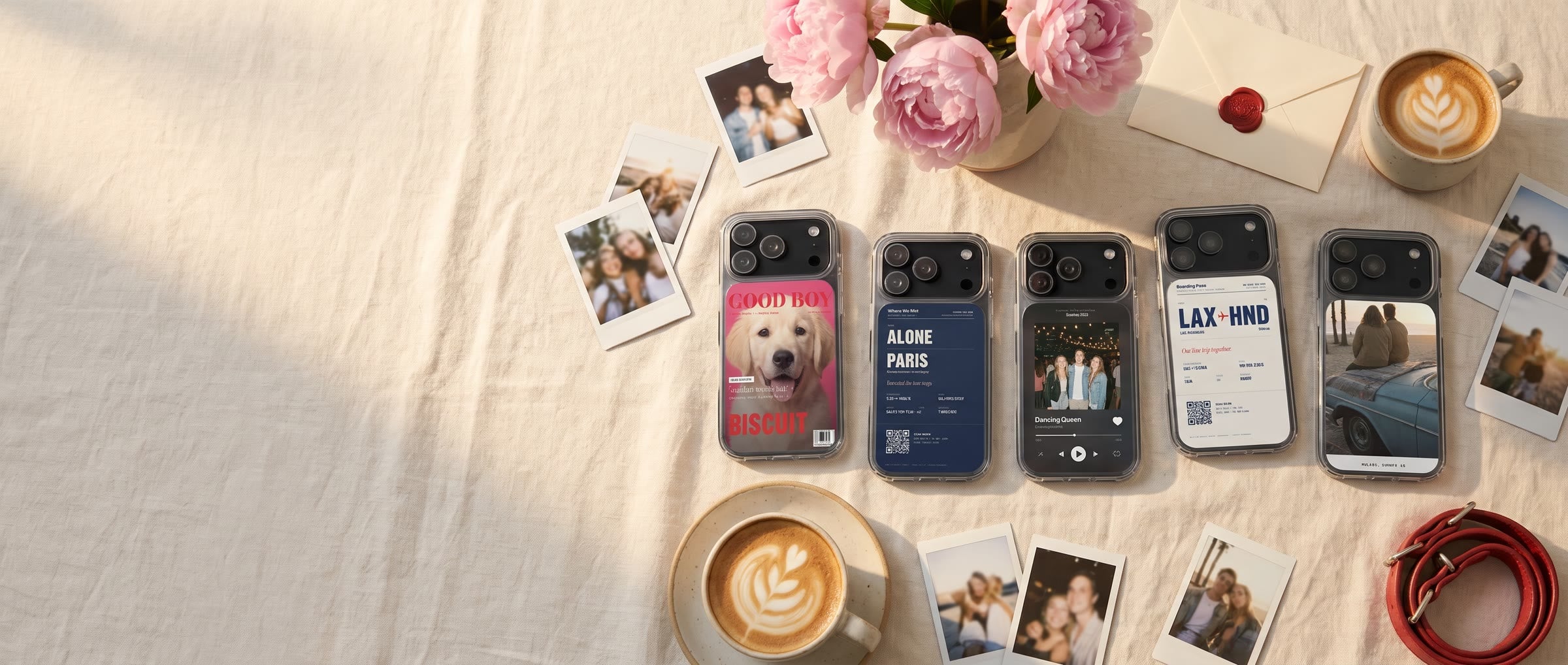 Custom phone cases on a sunny table with instant photos, peonies and a love letter