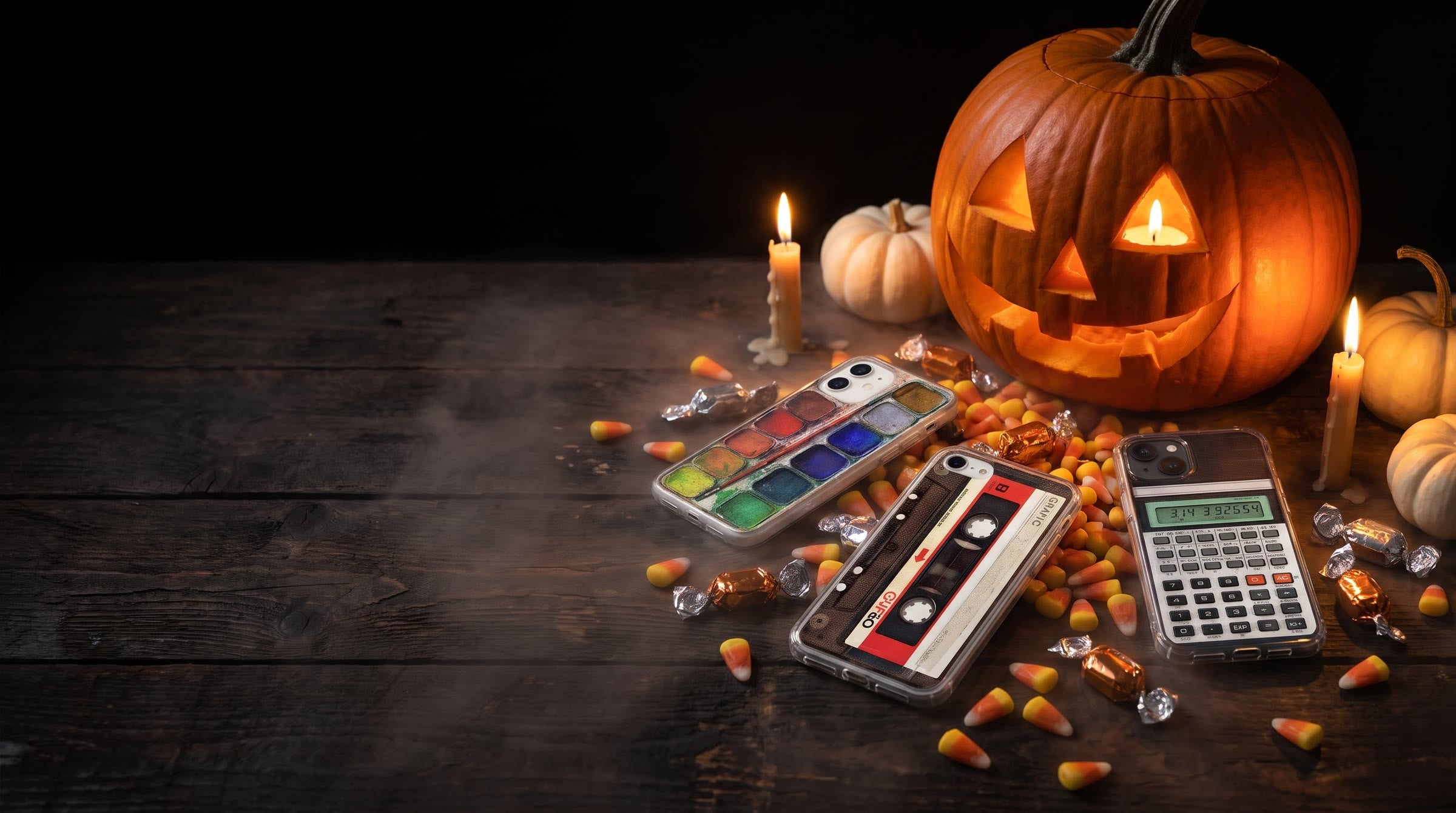 CRAFIC watercolor, cassette and calculator cases in a pile of Halloween candy next to a carved pumpkin