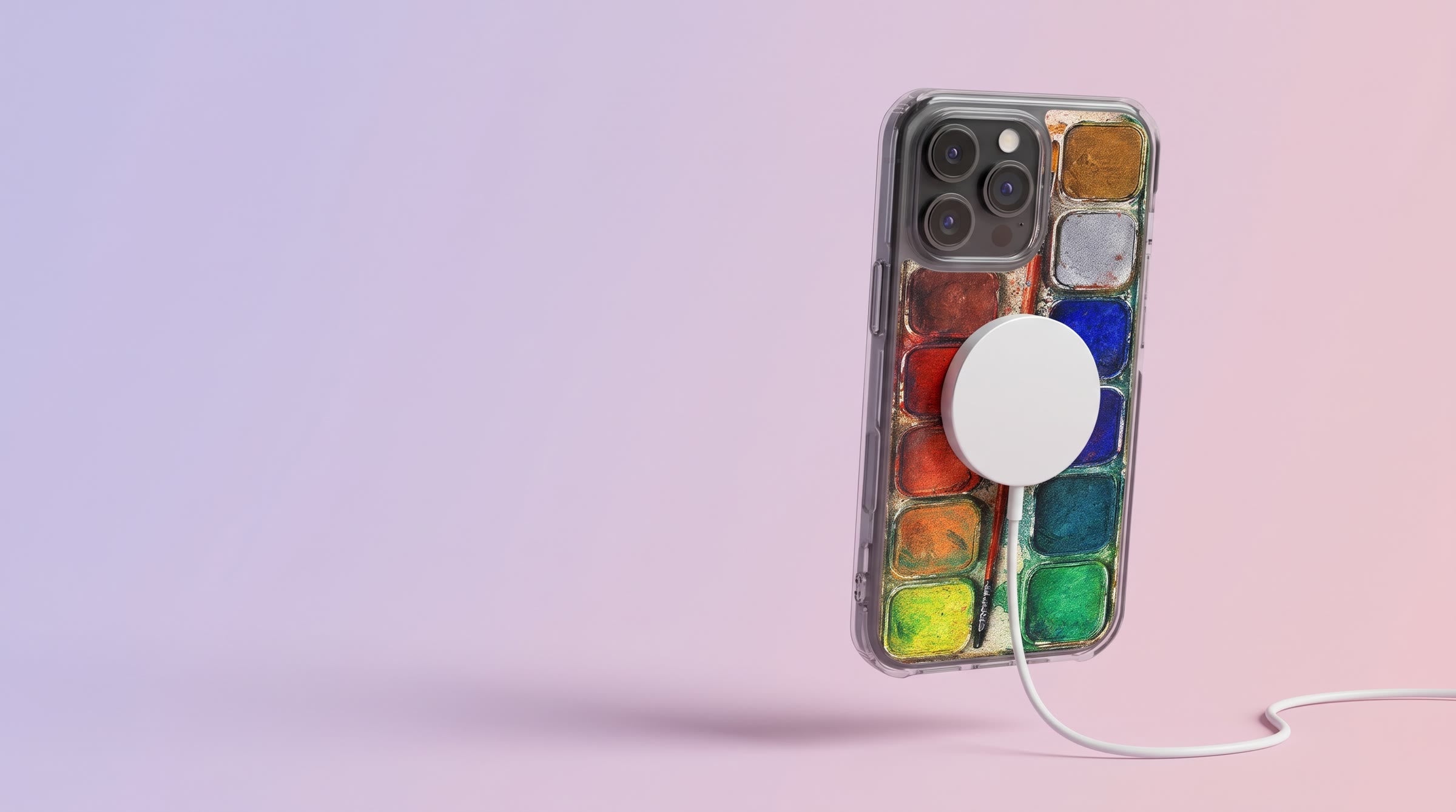 Watercolor palette CRAFIC MagSafe case with a charger attached to the back