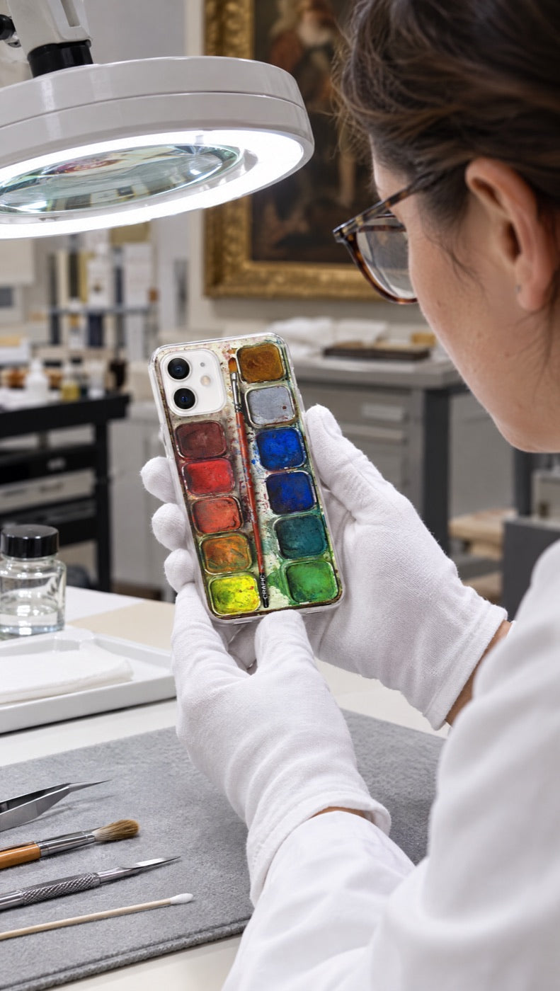 A conservator examining the case