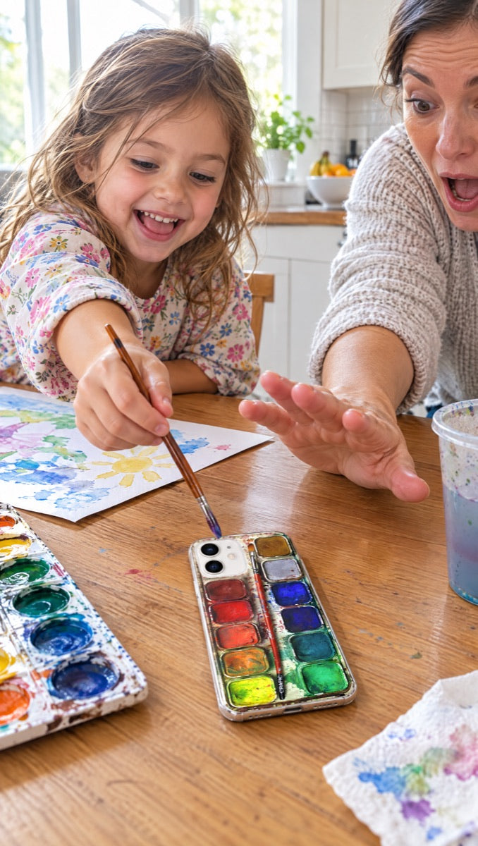 A child reaching to paint on the phone