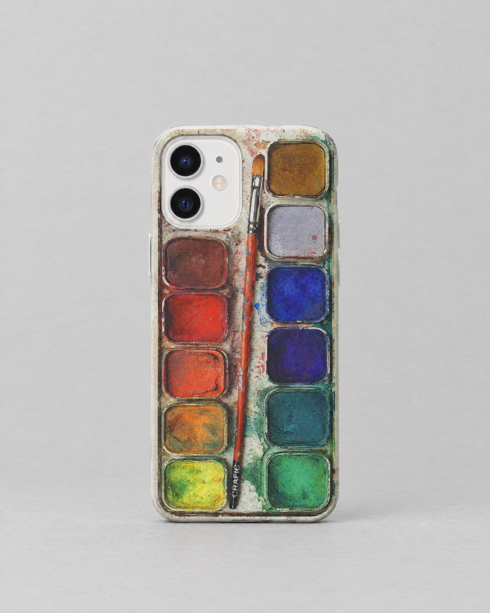 Watercolor iPhone case standing on a grey backdrop