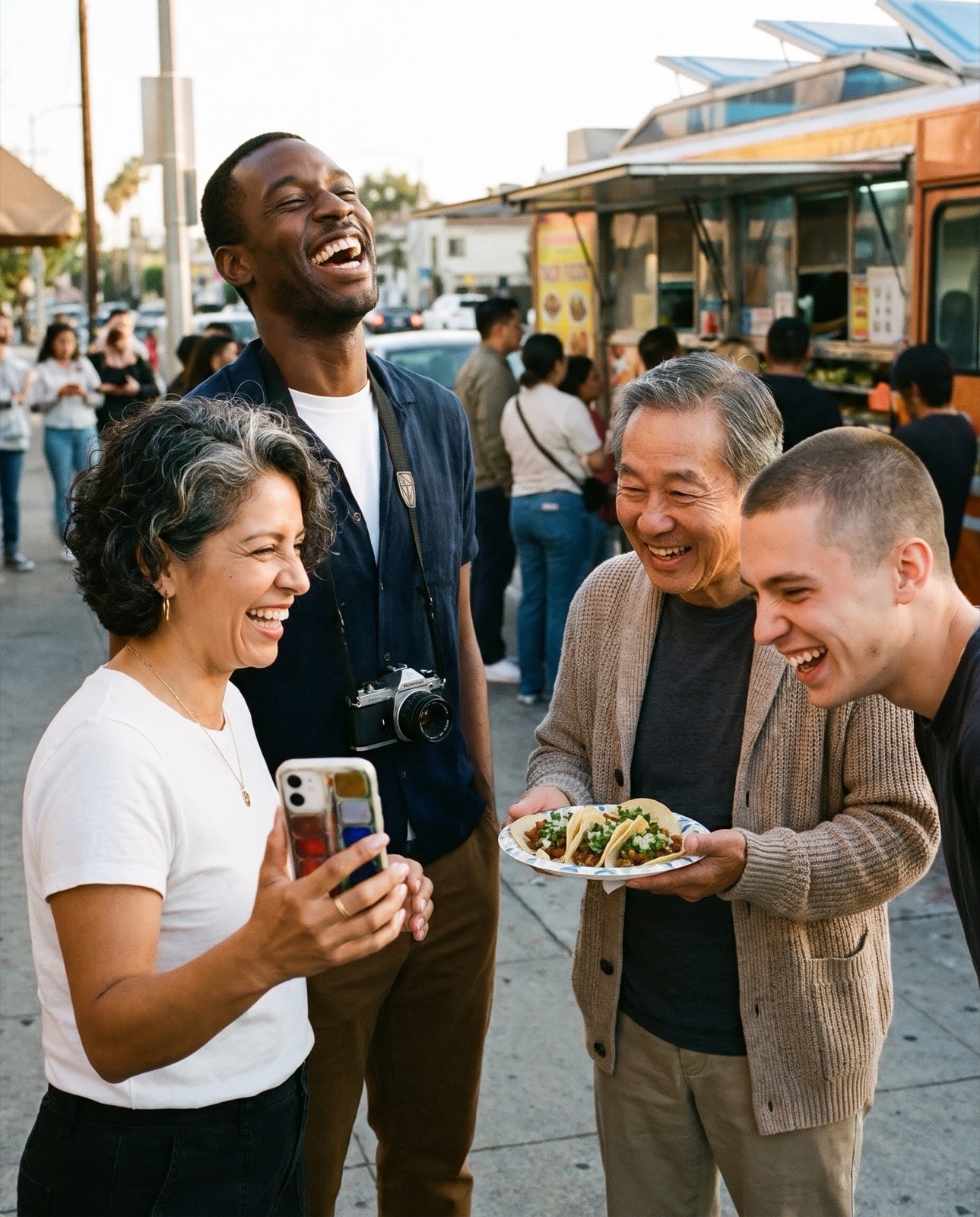 Friends laughing by a taco truck in Echo Park, one holding a watercolor case