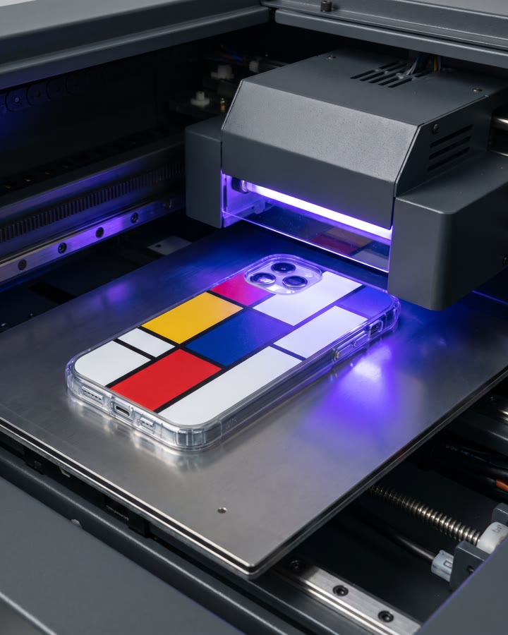 A clear case under the violet UV lamp of a flatbed printer